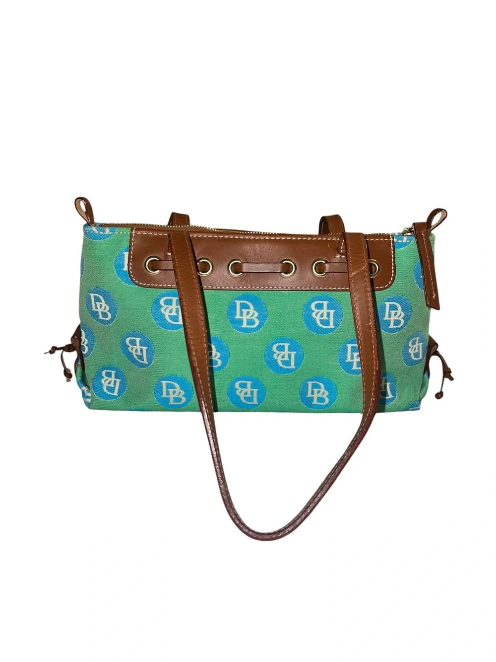 Dooney & Bourke Teal and Turquoise Canvas Shoulder Tote with Brown Leather Trim